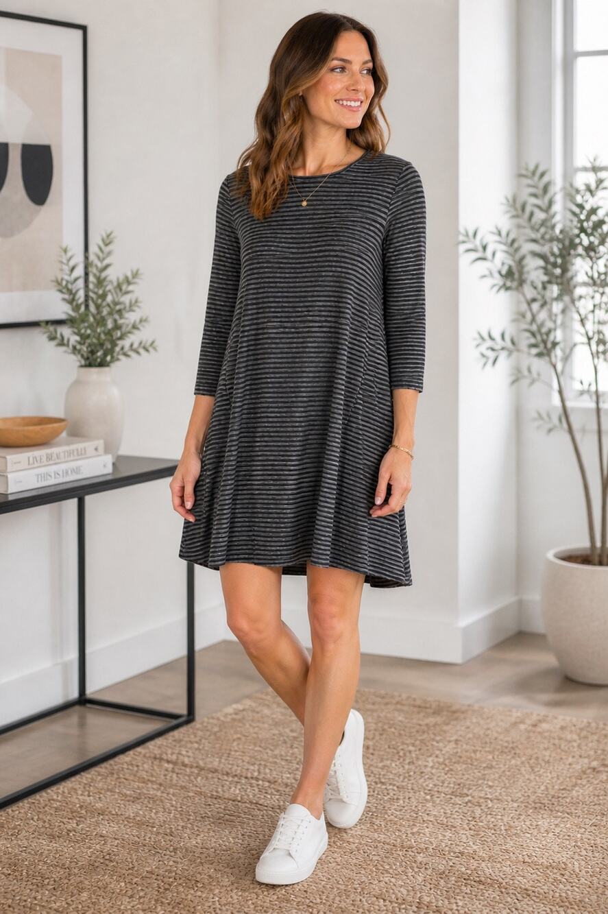 Garnet Hill Tencel Swing Dress M Gray Striped Soft Casual Tunic
